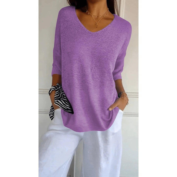 Luna | Women's Linen V-Neck Blouse 3/4 Sleeve Relaxed Fit Top