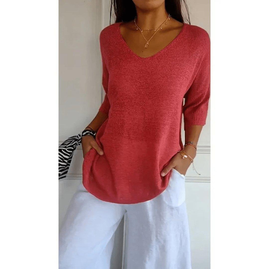 Luna | Women's Linen V-Neck Blouse 3/4 Sleeve Relaxed Fit Top