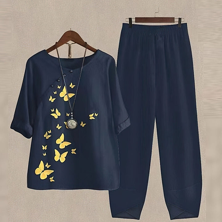 Madison | Linen Two Piece Set Wide Leg Pants Butterfly Print