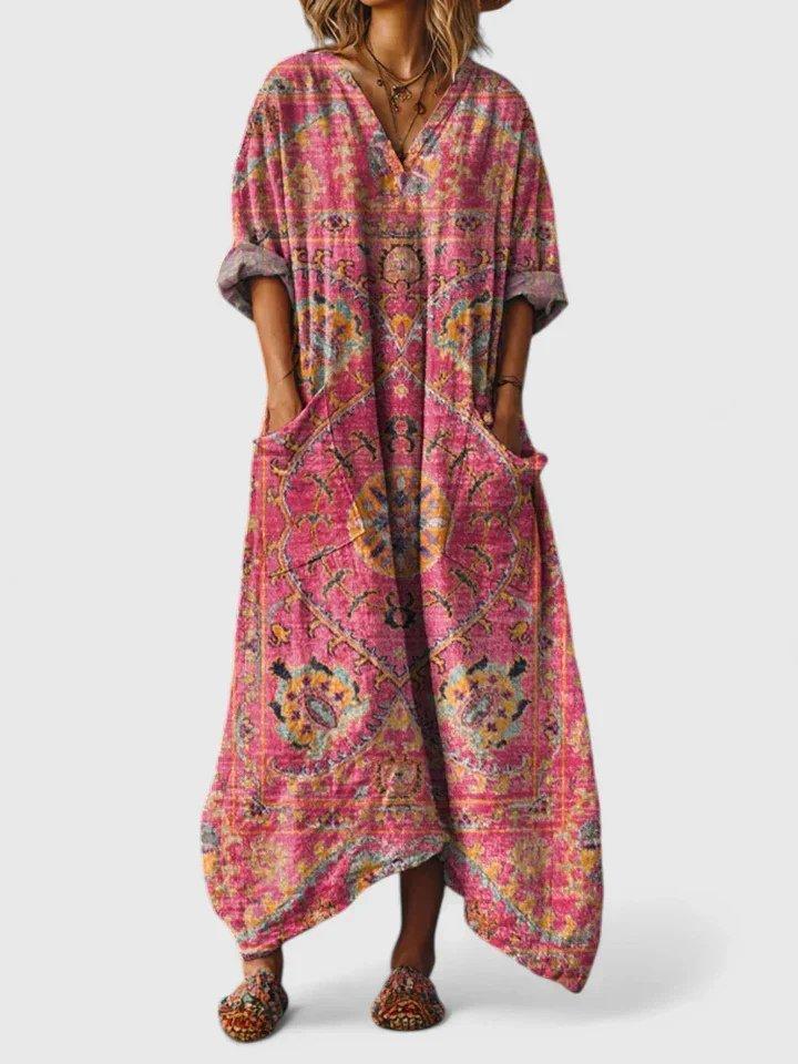 Madison | Maxi Dress Cotton Boho Paisley Print V-Neck Front Pockets