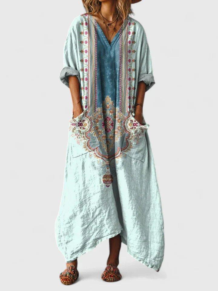 Madison | Maxi Dress Cotton Boho Paisley Print V-Neck Front Pockets