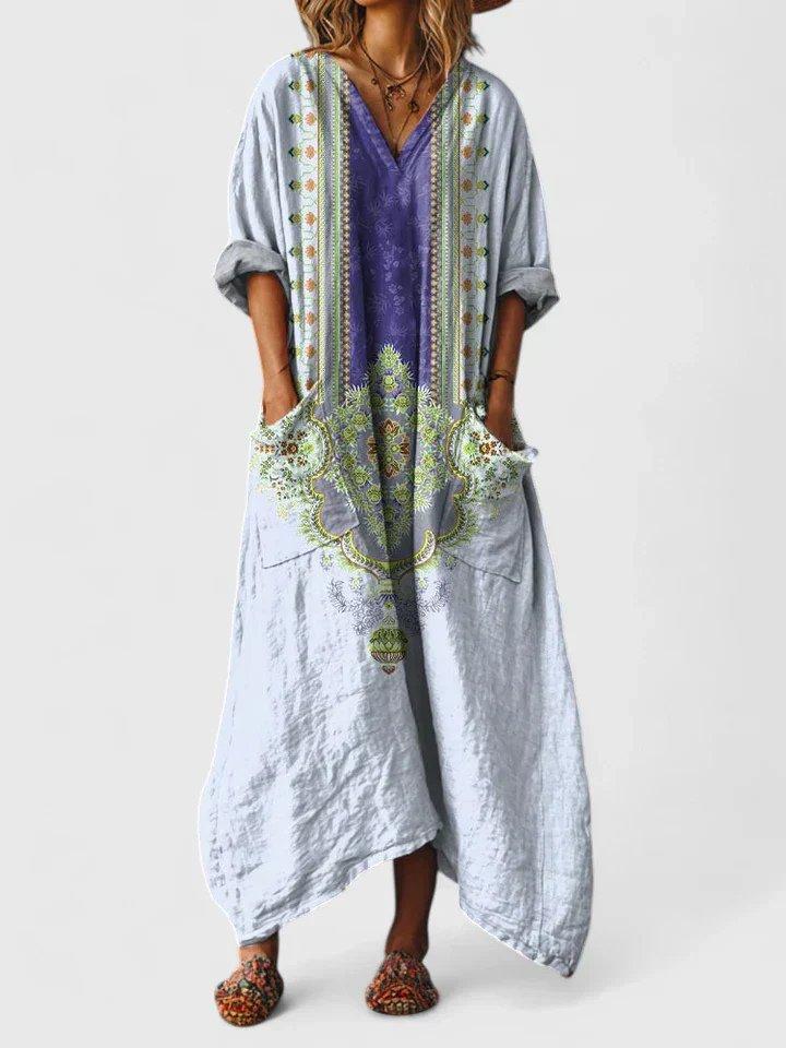 Madison | Maxi Dress Cotton Boho Paisley Print V-Neck Front Pockets