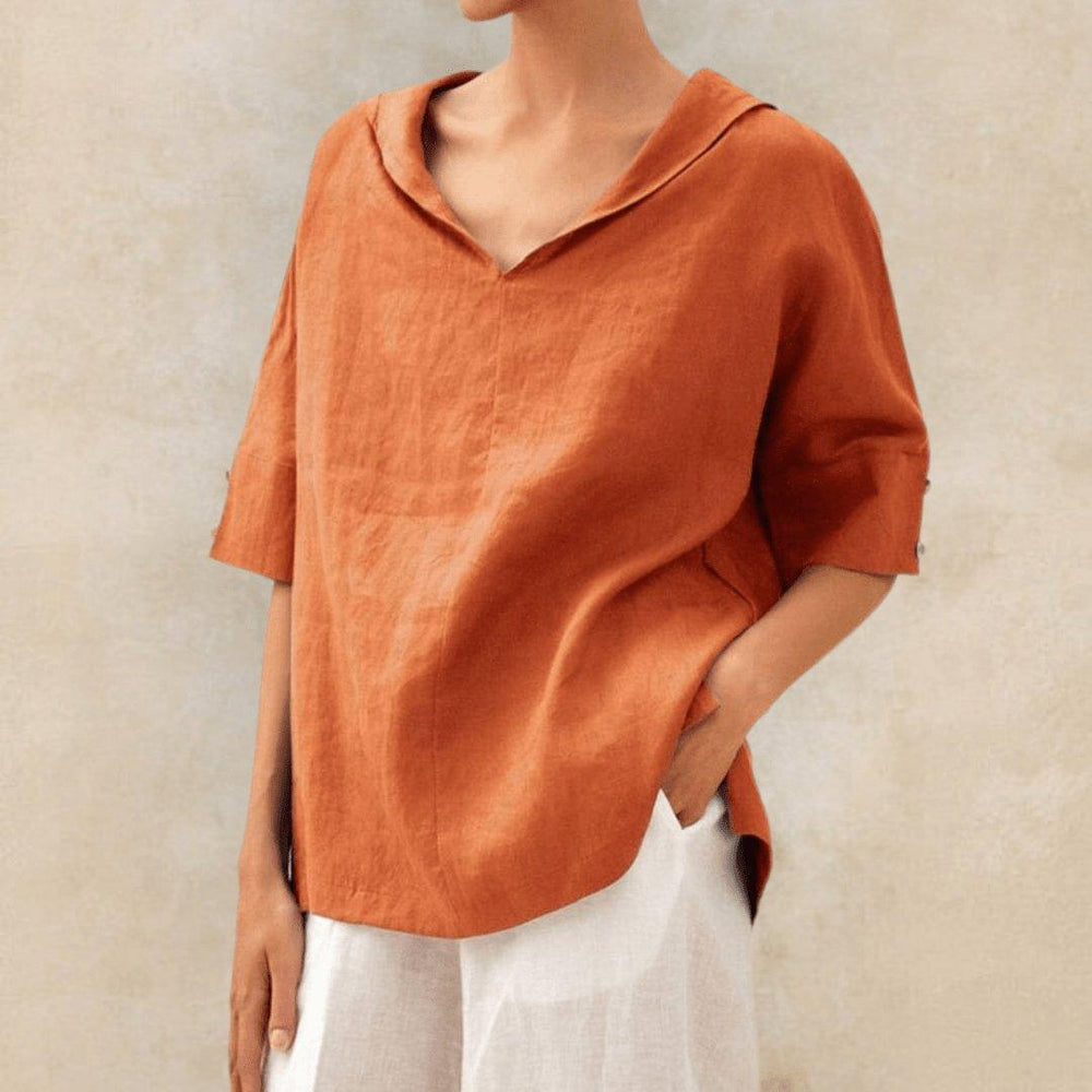 Madison | Women's Linen Tunic Top Collared V-Neck Oversized