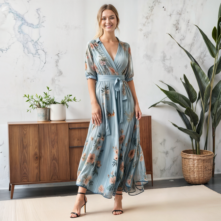 Makayla | Women's Summer Floral Wrap Midi Belted Design Dress