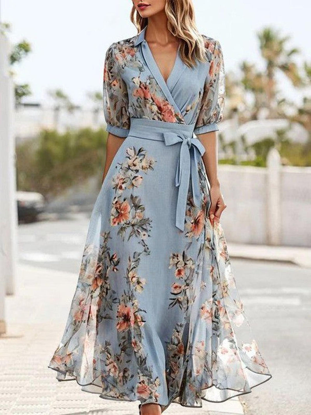 Makayla | Women's Summer Floral Wrap Midi Belted Design Dress