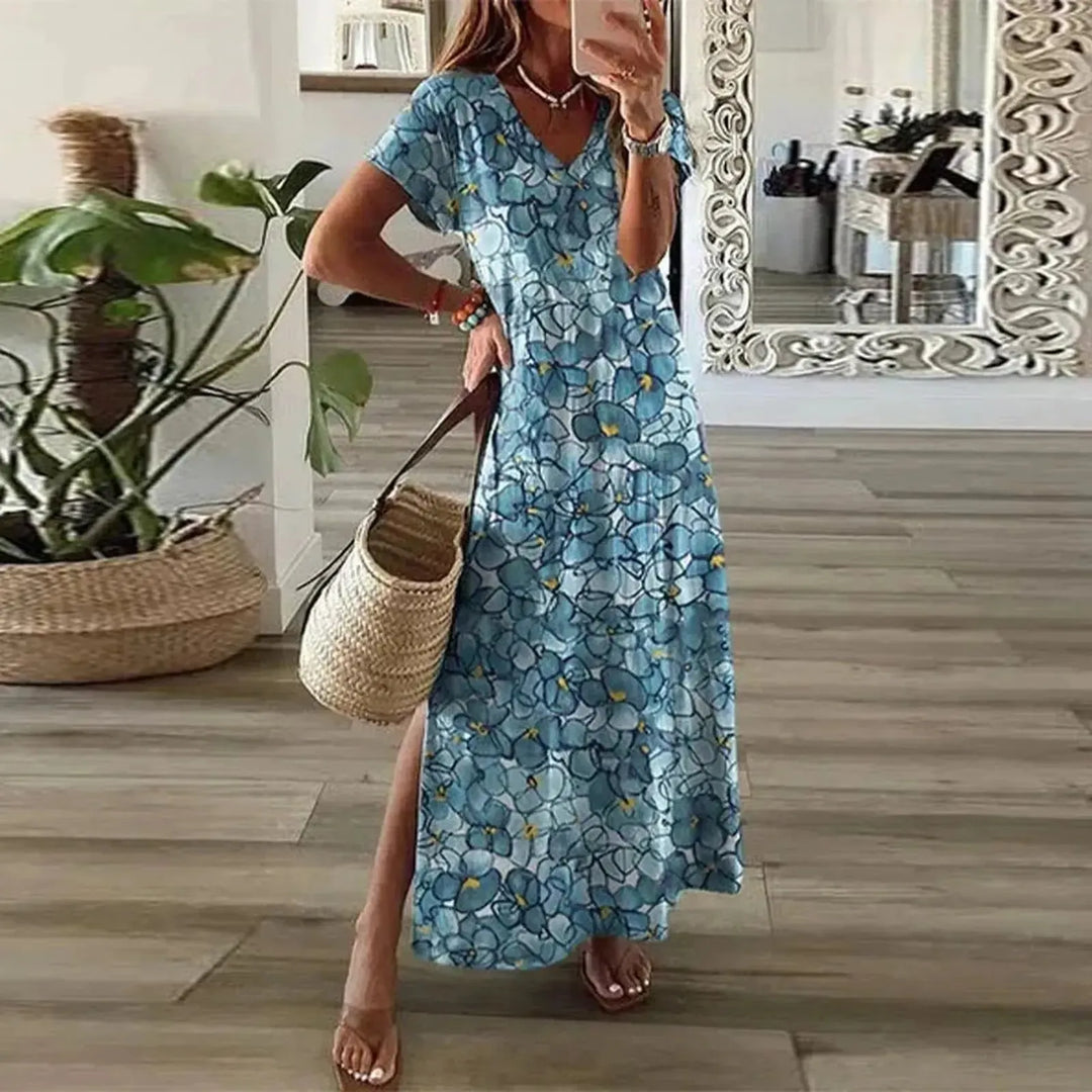 Margaret | Women's Boho Printed V Neck Flowing Maxi Dress