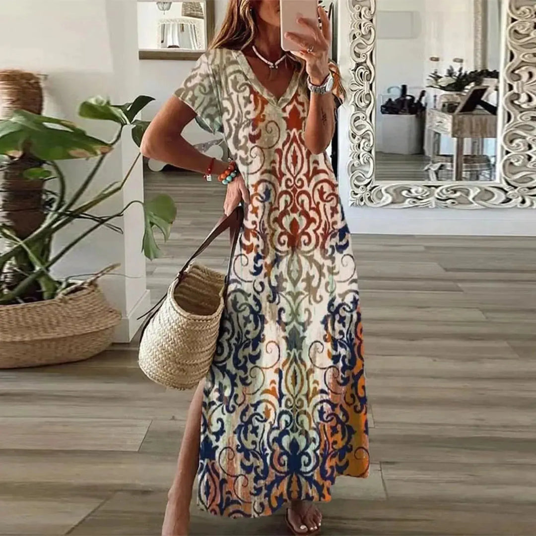 Margaret | Women's Boho Printed V Neck Flowing Maxi Dress