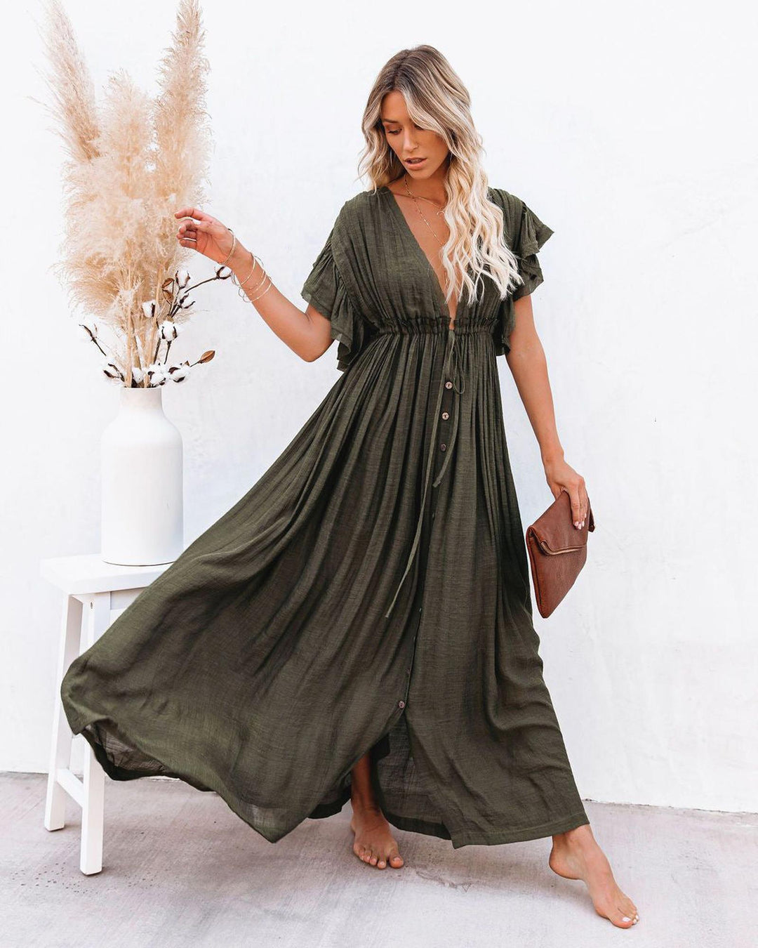 Maria | Women's Boho Button Front Flowy Maxi Dress