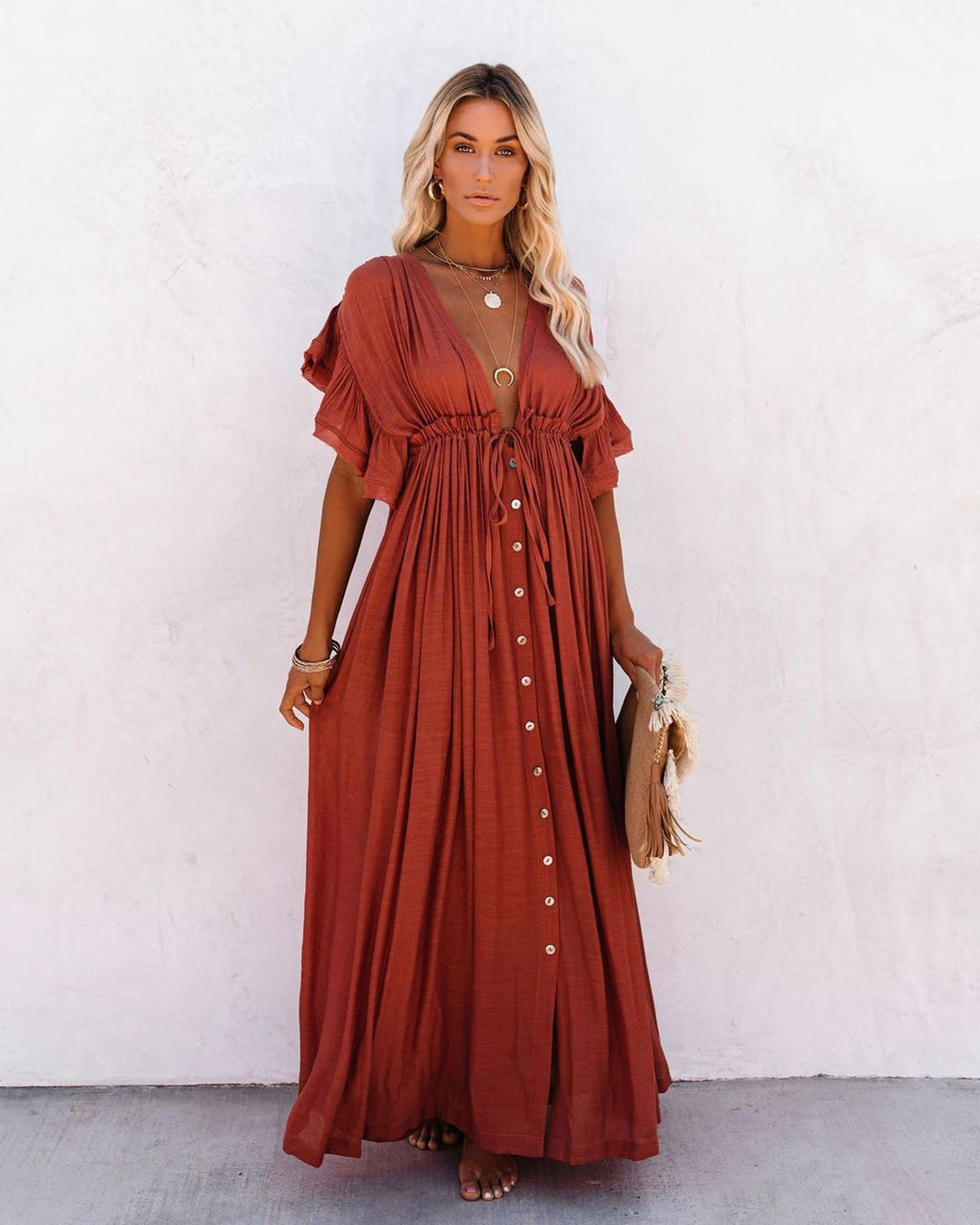 Maria | Women's Boho Button Front Flowy Maxi Dress