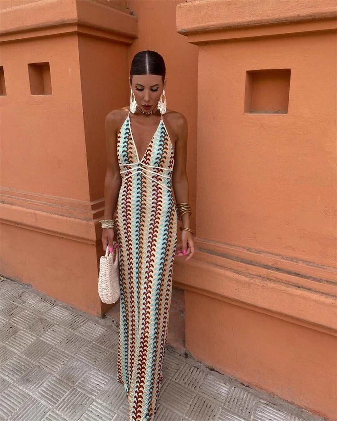 Maya | Women's Boho Halter Neck Printed Slim Maxi Dress