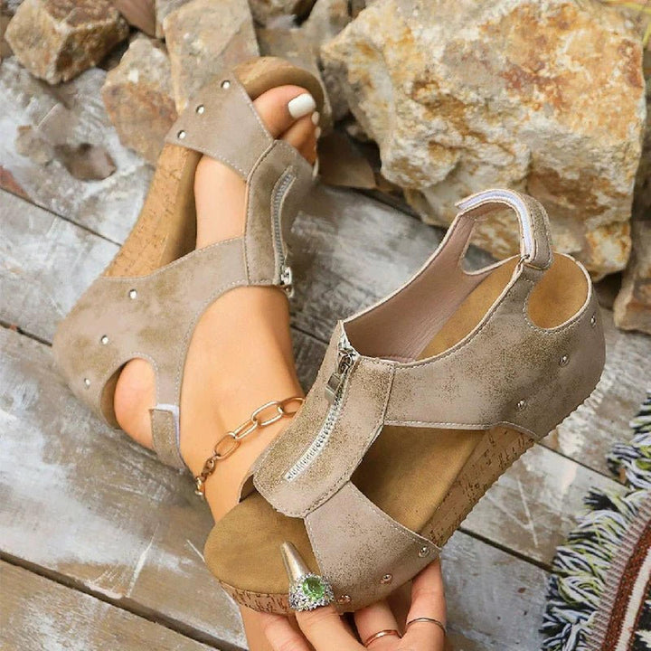 Mia | Orthopedic Sandals Women's Wedge Cork Sole Zip-Front