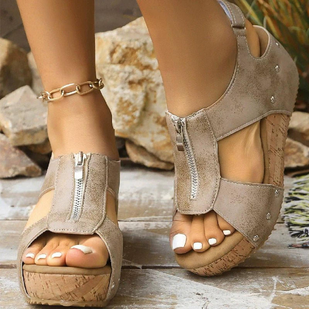Mia | Orthopedic Sandals Women's Wedge Cork Sole Zip-Front