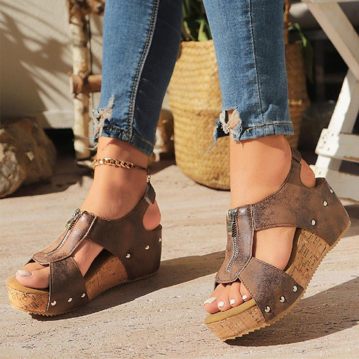 Mia | Orthopedic Sandals Women's Wedge Cork Sole Zip-Front