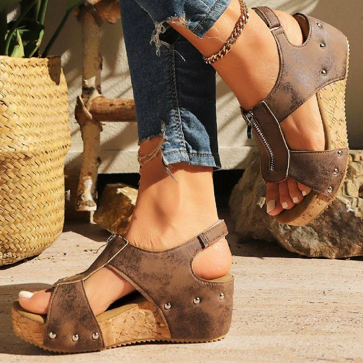 Mia | Orthopedic Sandals Women's Wedge Cork Sole Zip-Front