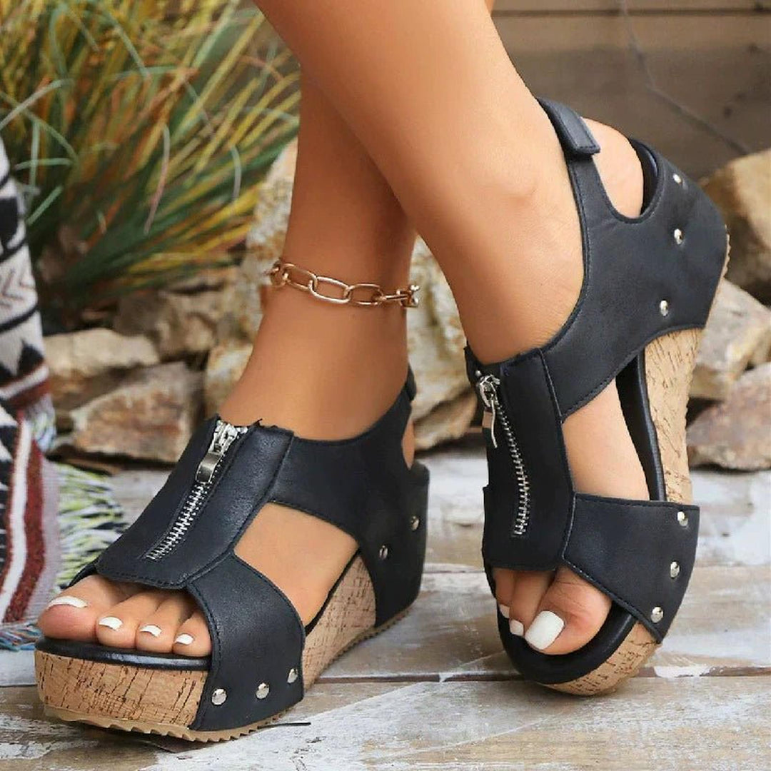 Mia | Orthopedic Sandals Women's Wedge Cork Sole Zip-Front