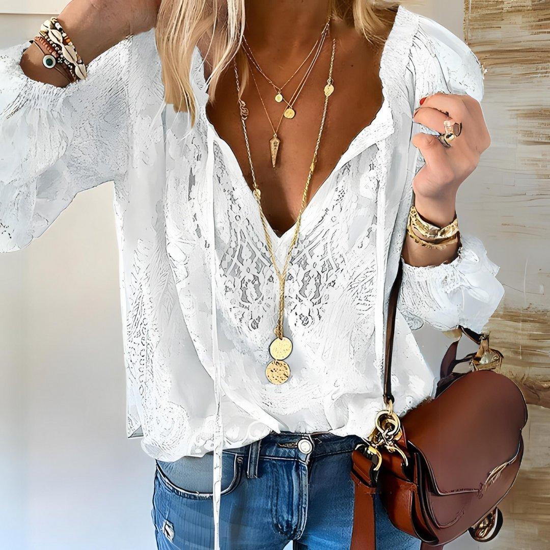 Olivia | Boho Lace Blouse V-Neck Long Sleeve Cutout Top