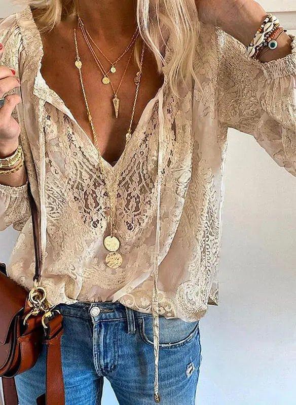 Olivia | Boho Lace Blouse V-Neck Long Sleeve Cutout Top