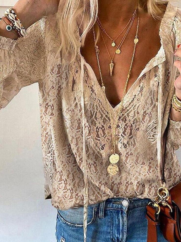 Olivia | Boho Lace Blouse V-Neck Long Sleeve Cutout Top