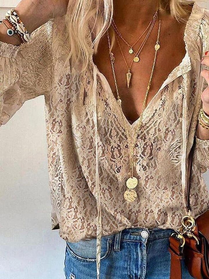 Olivia | Boho Lace Blouse V-Neck Long Sleeve Cutout Top