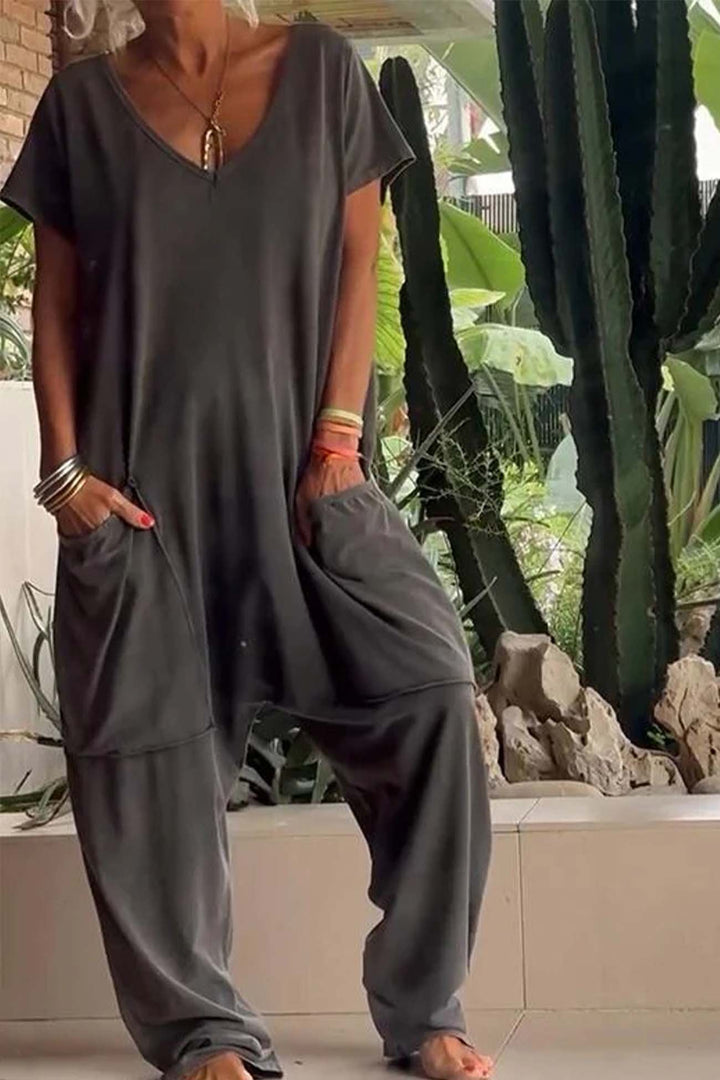 Olivia | Linen Blend Jumpsuit Oversized V-Neck Short Sleeve Pockets