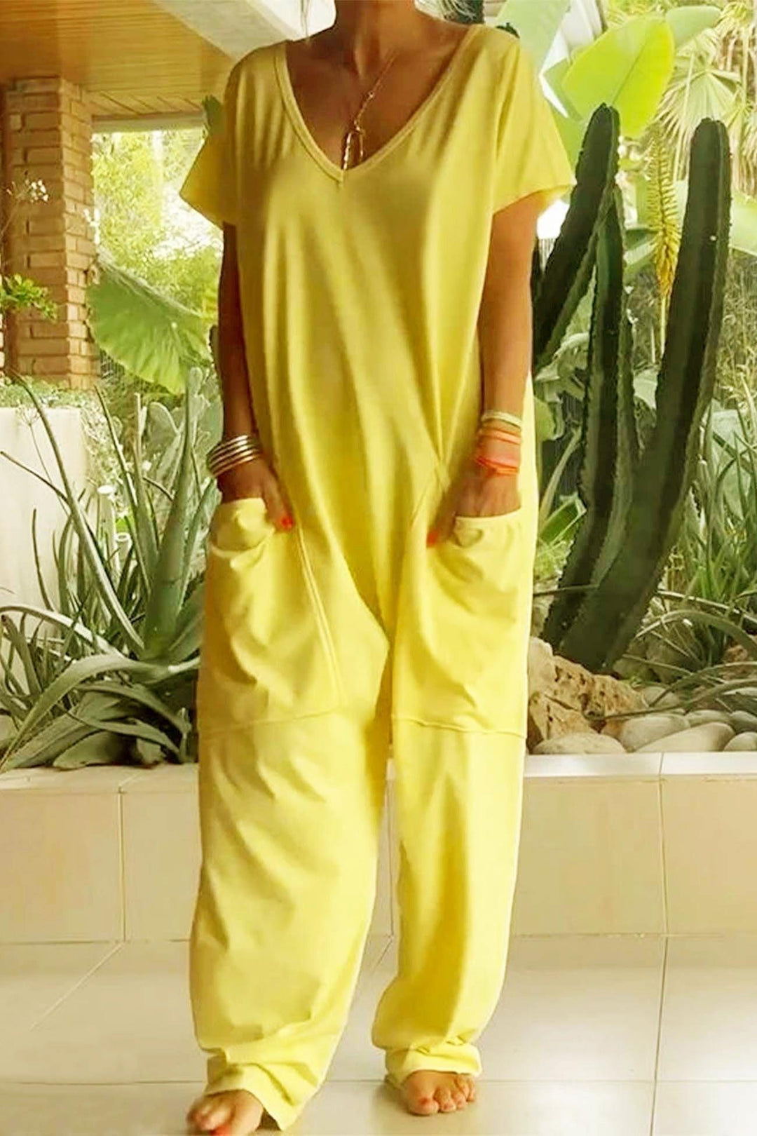 Olivia | Linen Blend Jumpsuit Oversized V-Neck Short Sleeve Pockets