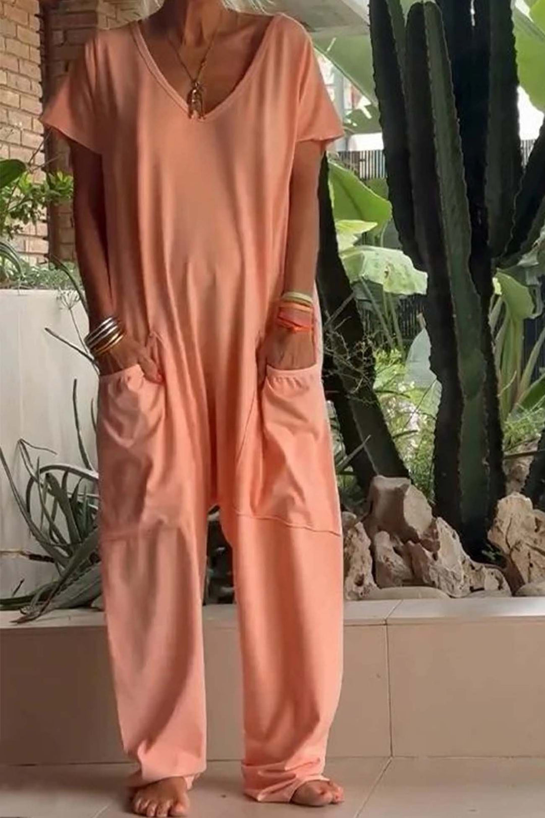 Olivia | Linen Blend Jumpsuit Oversized V-Neck Short Sleeve Pockets