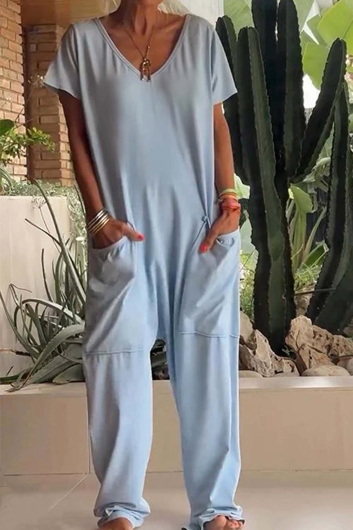 Olivia | Linen Blend Jumpsuit Oversized V-Neck Short Sleeve Pockets