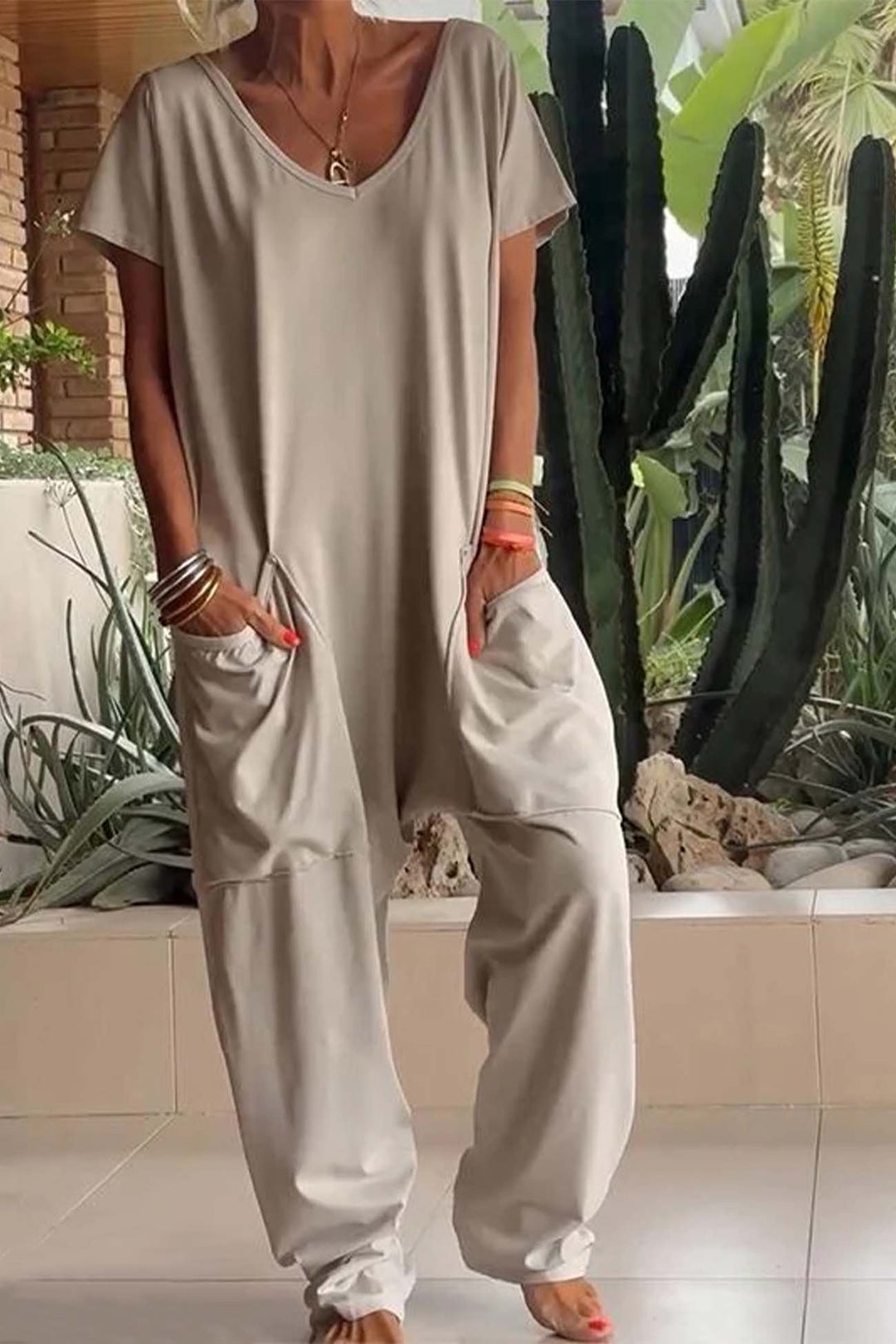 Olivia | Linen Blend Jumpsuit Oversized V-Neck Short Sleeve Pockets