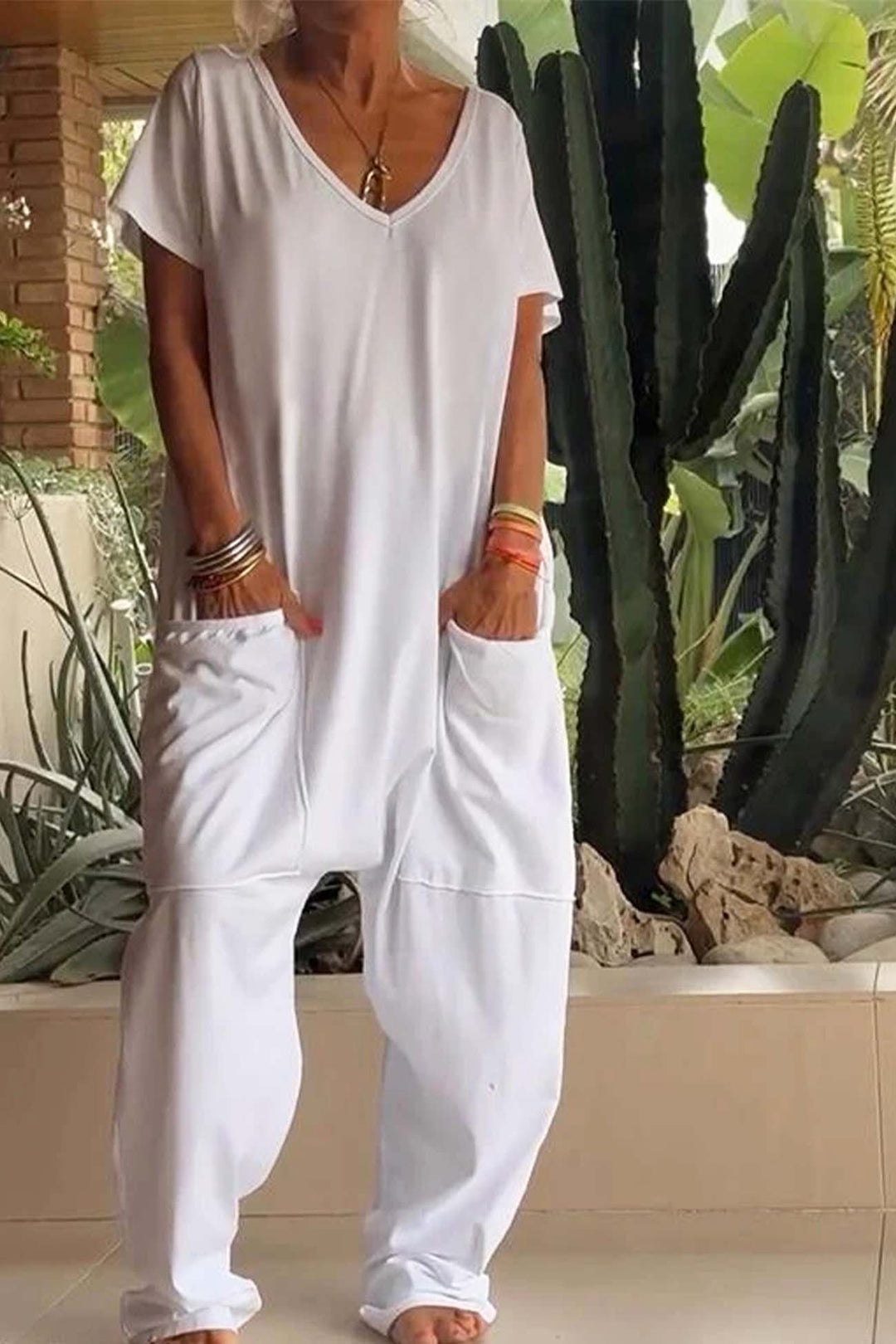 Olivia | Linen Blend Jumpsuit Oversized V-Neck Short Sleeve Pockets