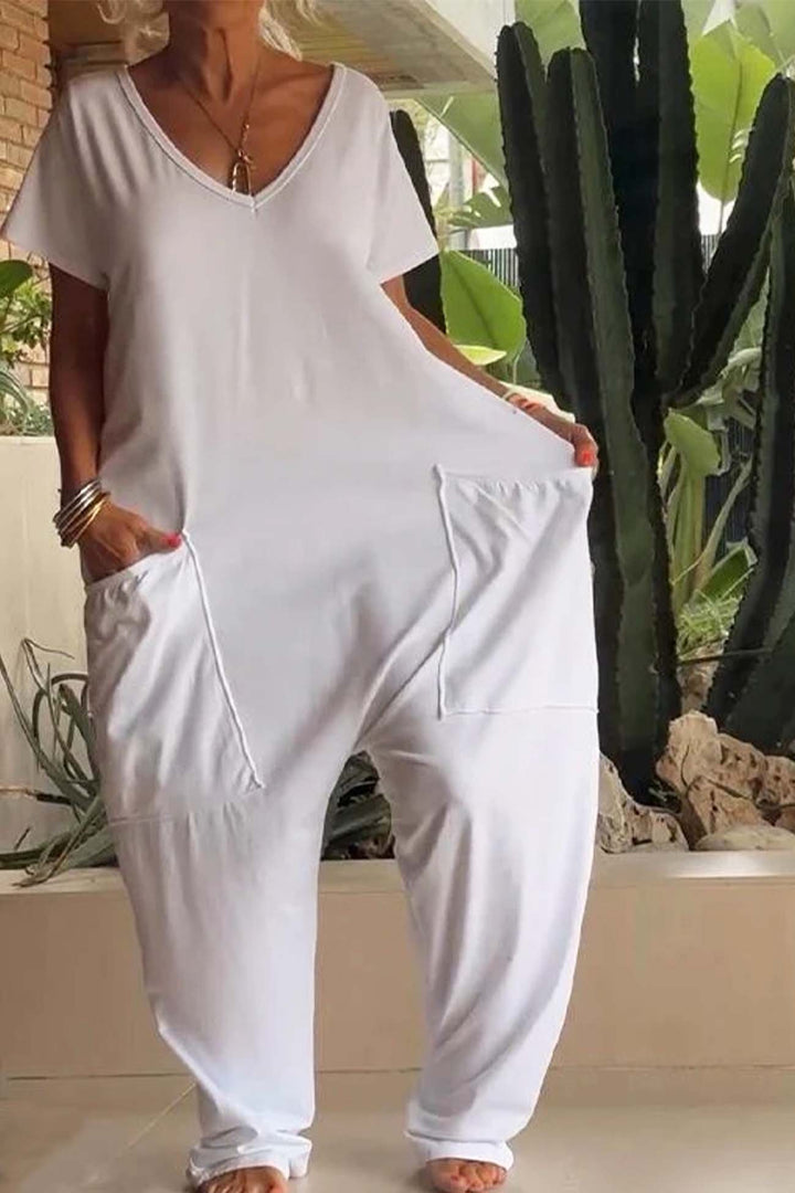 Olivia | Linen Blend Jumpsuit Oversized V-Neck Short Sleeve Pockets