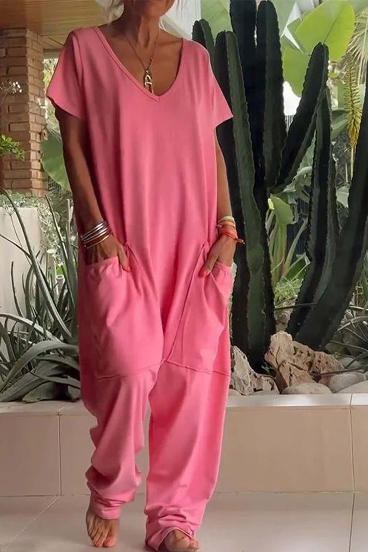 Olivia | Linen Blend Jumpsuit Oversized V-Neck Short Sleeve Pockets