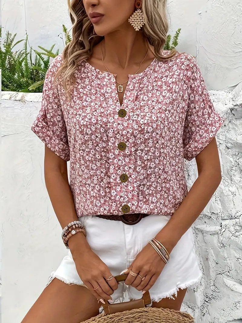 Penelope | Cotton Ditsy Floral Button Front Blouse Short Sleeve
