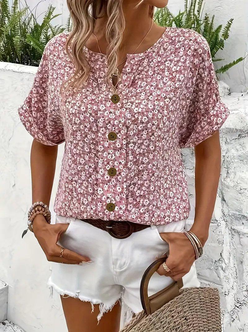 Penelope | Cotton Ditsy Floral Button Front Blouse Short Sleeve