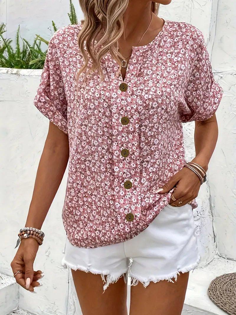 Penelope | Cotton Ditsy Floral Button Front Blouse Short Sleeve