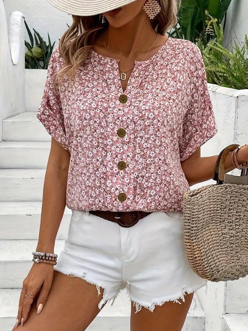 Penelope | Cotton Ditsy Floral Button Front Blouse Short Sleeve