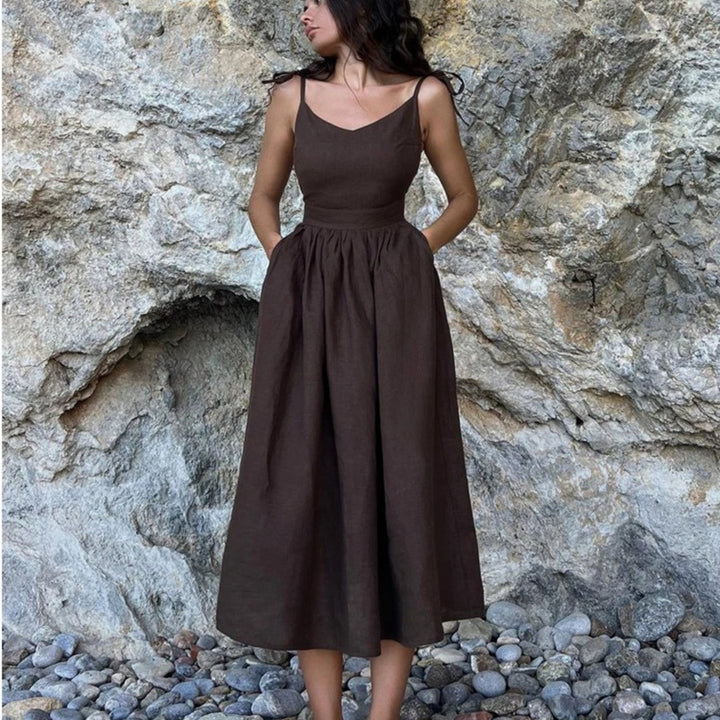 Penelope | Linen Maxi Dress Sleeveless A-Line Adjustable Tie Straps