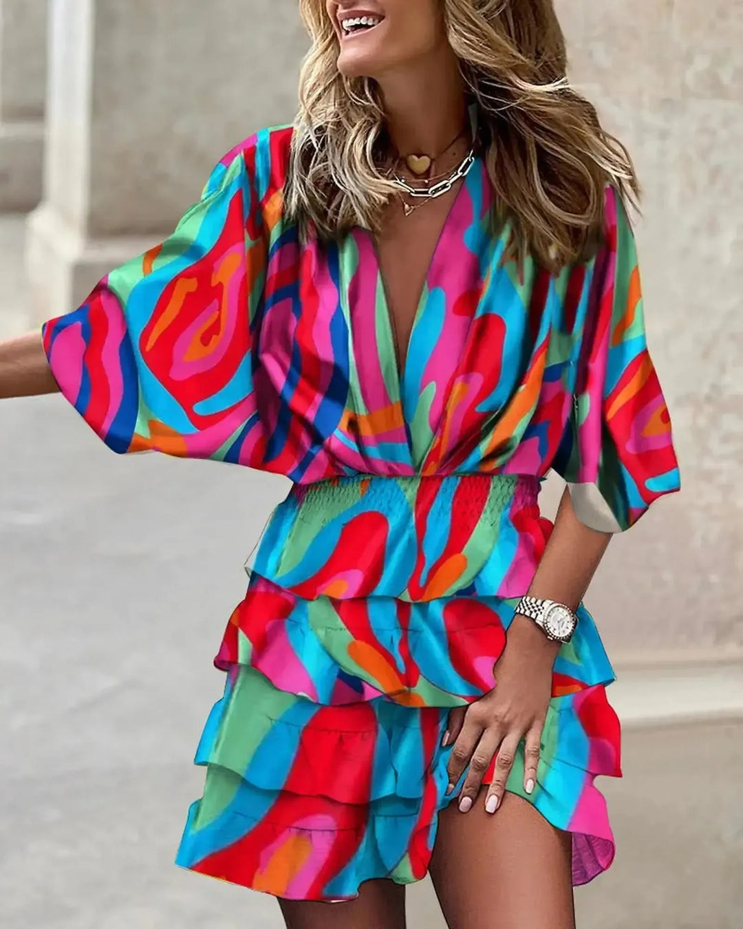 Rebecca | Women’s Boho Printed Ruffle Mini Dress