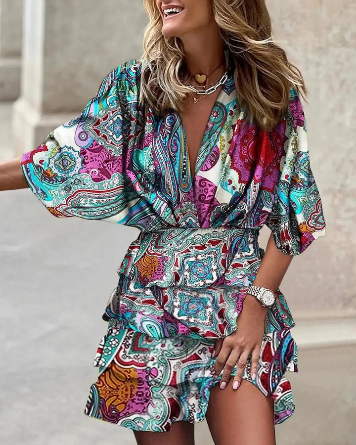 Rebecca | Women’s Boho Printed Ruffle Mini Dress
