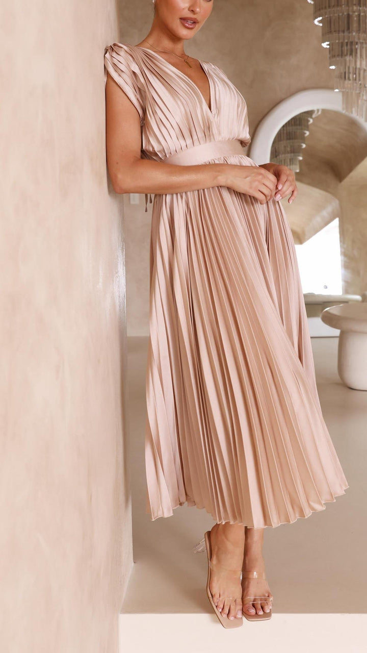 Ruby | Women's Summer Pleated V Neck Midi Dress