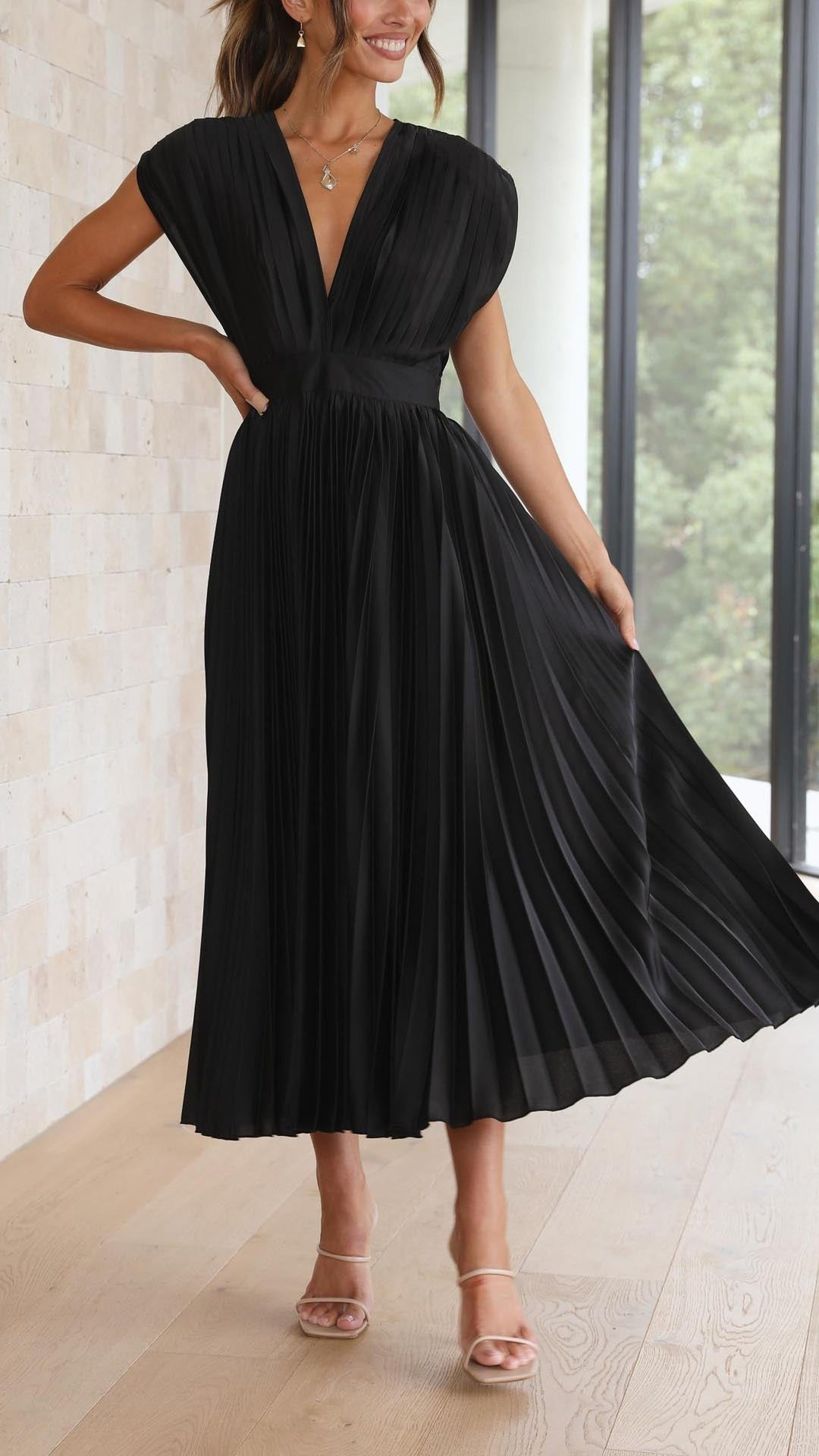 Ruby | Women's Summer Pleated V Neck Midi Dress