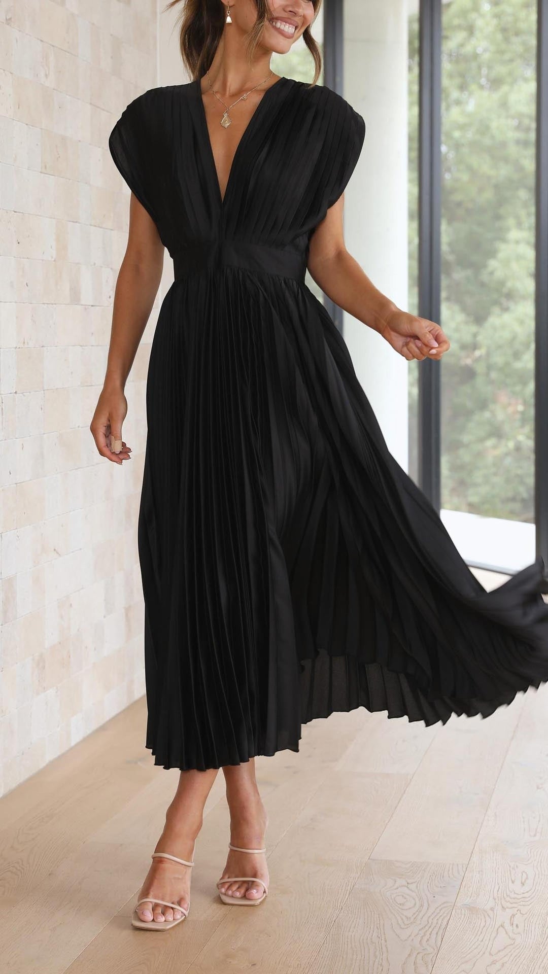 Ruby | Women's Summer Pleated V Neck Midi Dress