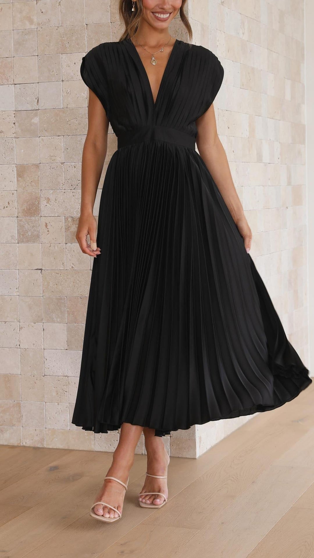 Ruby | Women's Summer Pleated V Neck Midi Dress