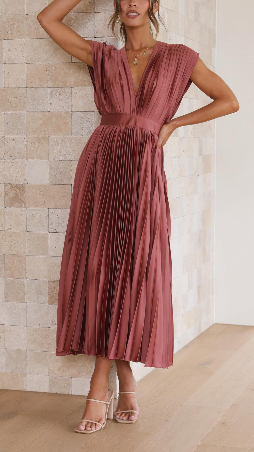 Ruby | Women's Summer Pleated V Neck Midi Dress