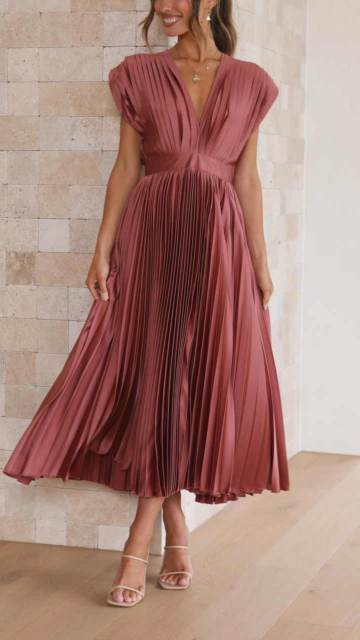 Ruby | Women's Summer Pleated V Neck Midi Dress