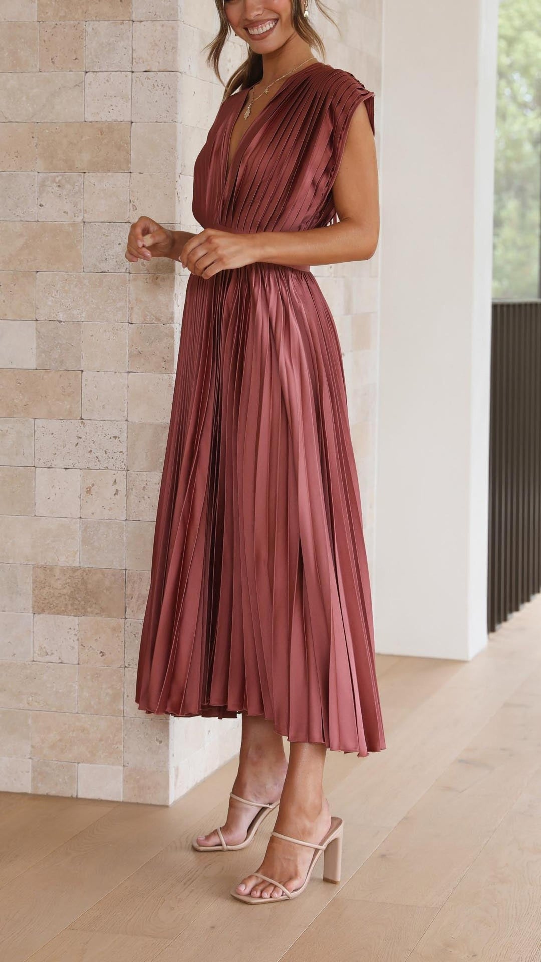 Ruby | Women's Summer Pleated V Neck Midi Dress
