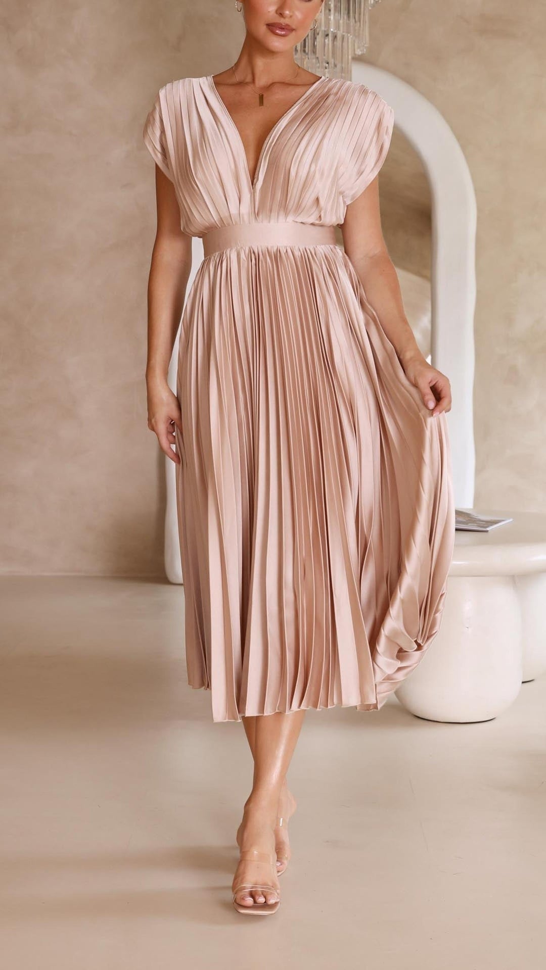 Ruby | Women's Summer Pleated V Neck Midi Dress
