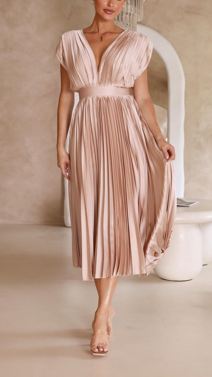 Ruby | Women's Summer Pleated V Neck Midi Dress