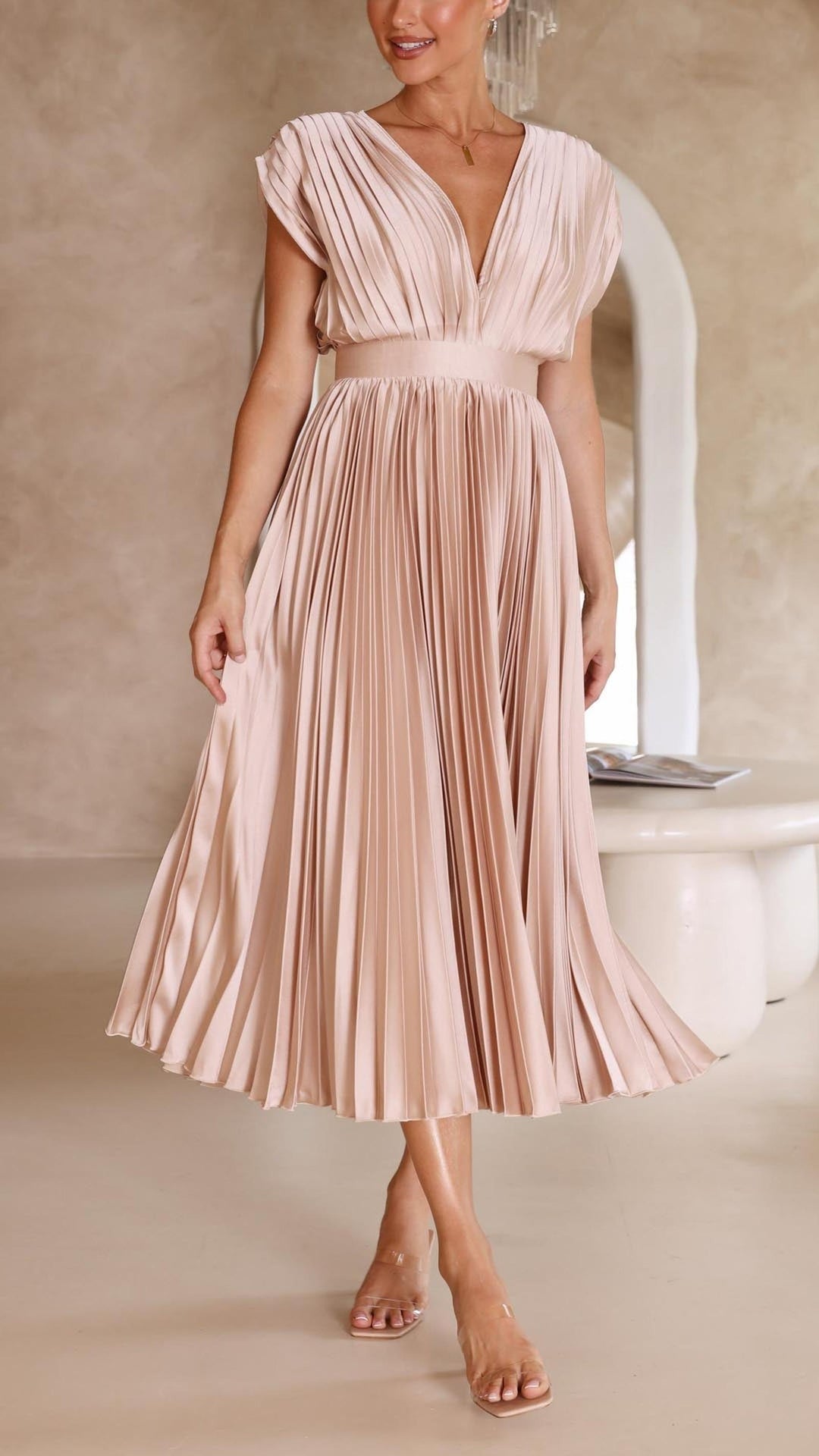 Ruby | Women's Summer Pleated V Neck Midi Dress