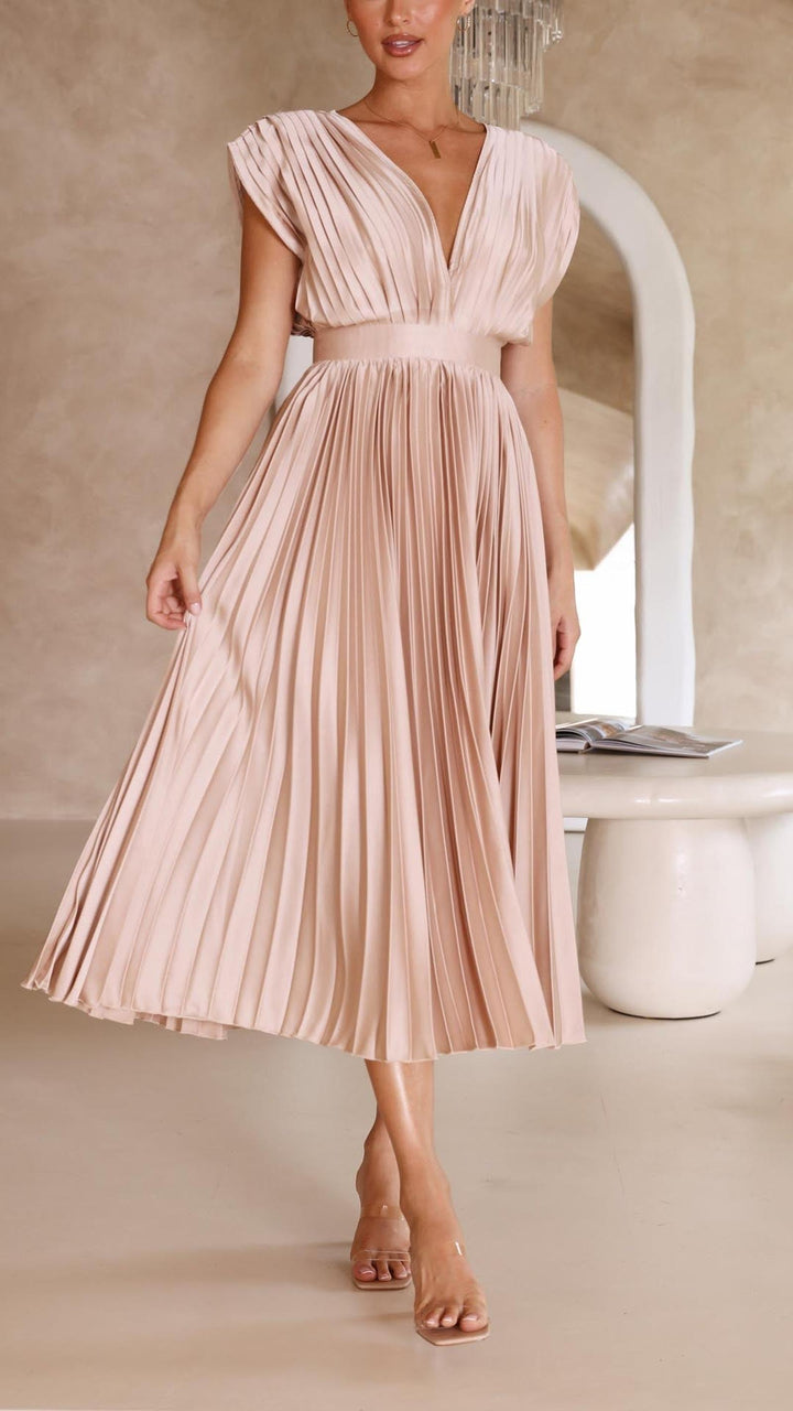 Ruby | Women's Summer Pleated V Neck Midi Dress