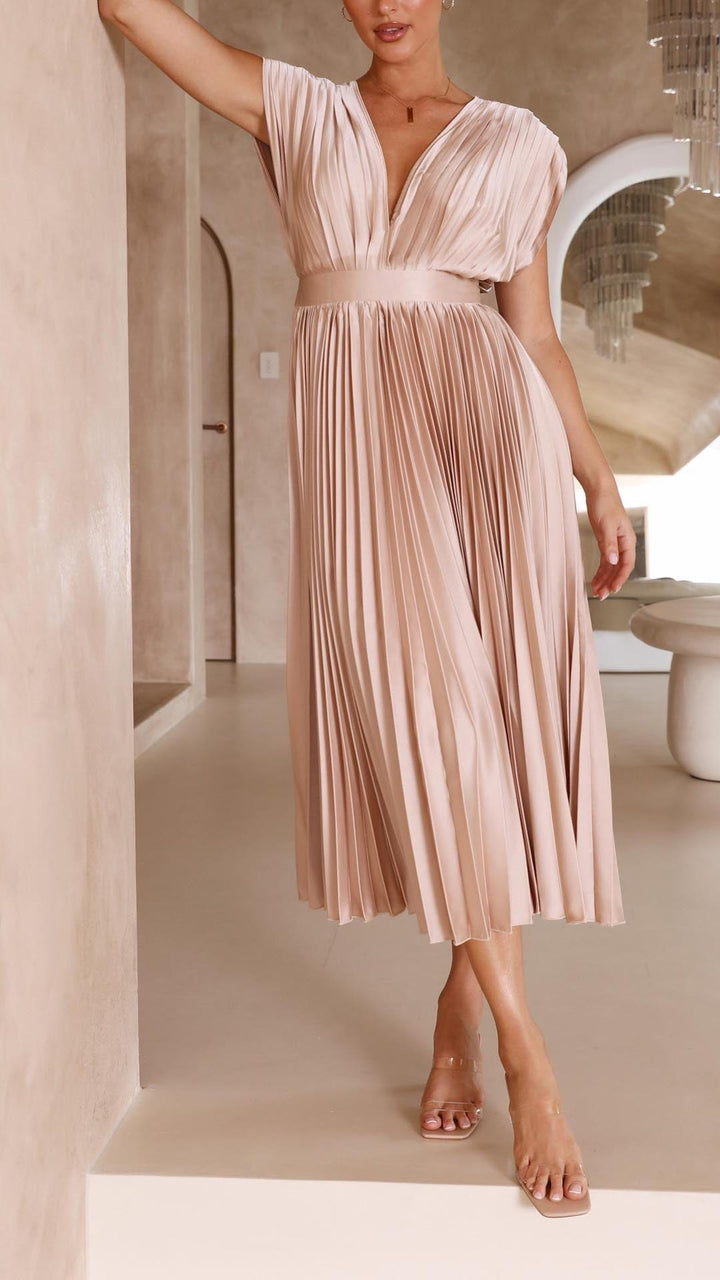 Ruby | Women's Summer Pleated V Neck Midi Dress